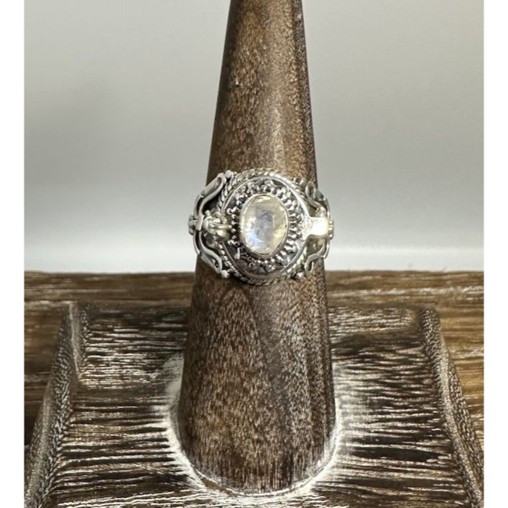 Handmade Ornate 925 Sterling Silver Moonstone Poison Pillbox Ring Sz 6.25